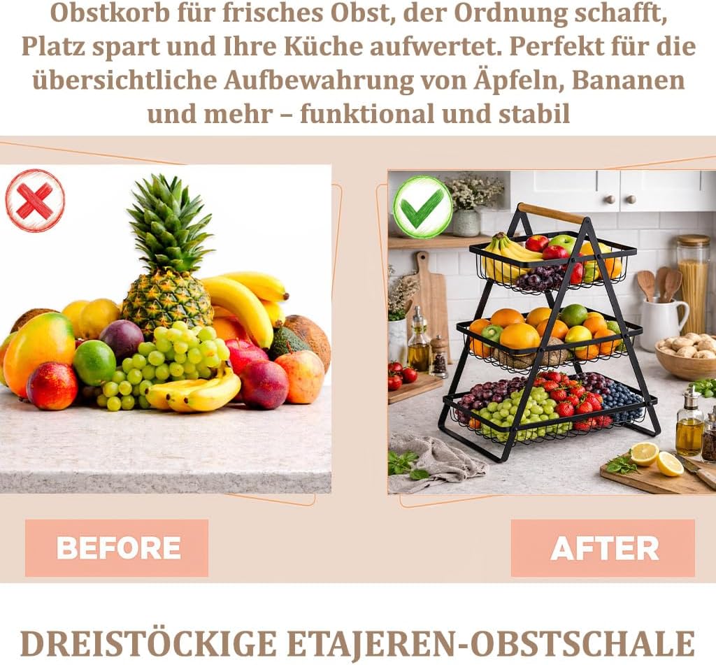 Dreistöckiger Obstkorb mit 3 Ebenen – Platzsparende Obstschale & Obsetagere aus Metall mit Holzgriff
