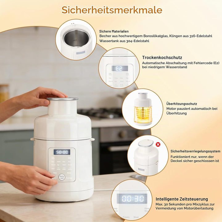 Babynahrungszubereiter, 5-in-1 Dampfgarer &amp; Mixer mit Timer, LED Display, Auto-Clean – Glas 316 Edel