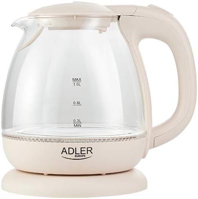 adler AD 1238 Elektrischer Wasserkocher aus Glas, klein, 1 l, 1100 W, LED-Beleuchtung, 1 Liter, Beig