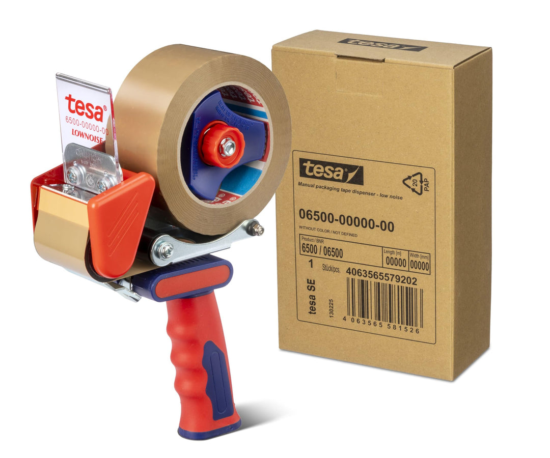 tesa 6500 Industrial Handabroller - Geräuscharmer Klebebandabroller für laute Packbänder - Sicherhei