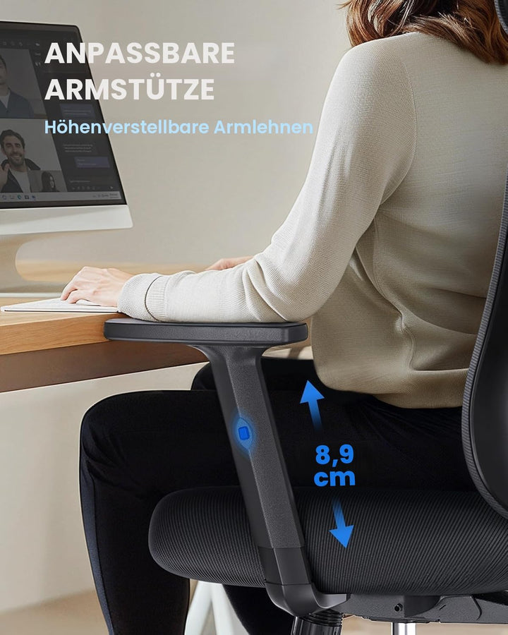 NOBLEWELL Bürostuhl Ergonomisch mit Stummrädern, Schreibtischstuhl mit Wippfunktion & verstellbare H