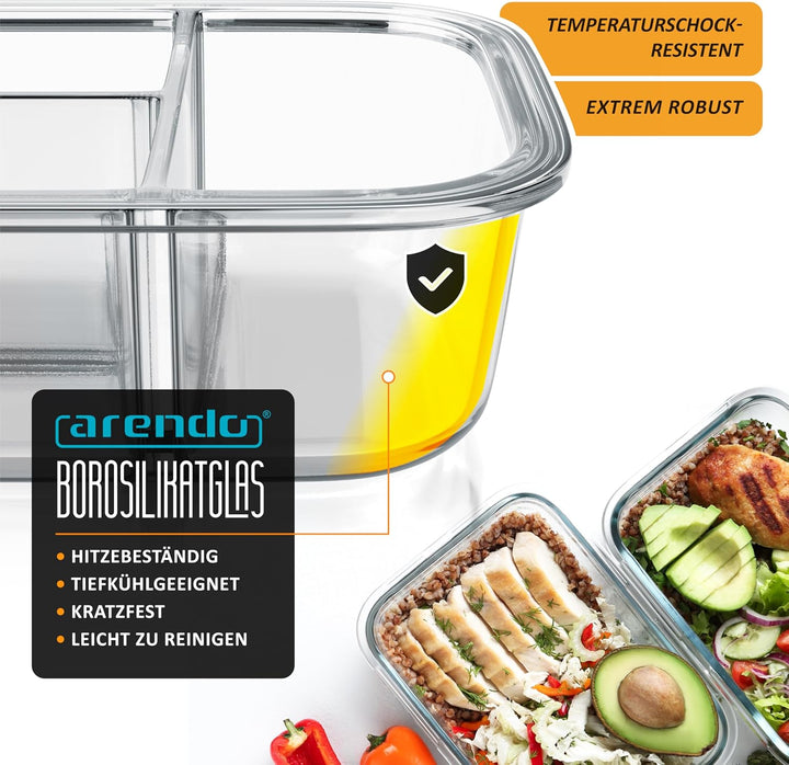 Arendo - Lunchboxen Glas - 3 Fächer - Frischhaltedosen für Lebensmittel mit Deckel luftdicht - 2er S