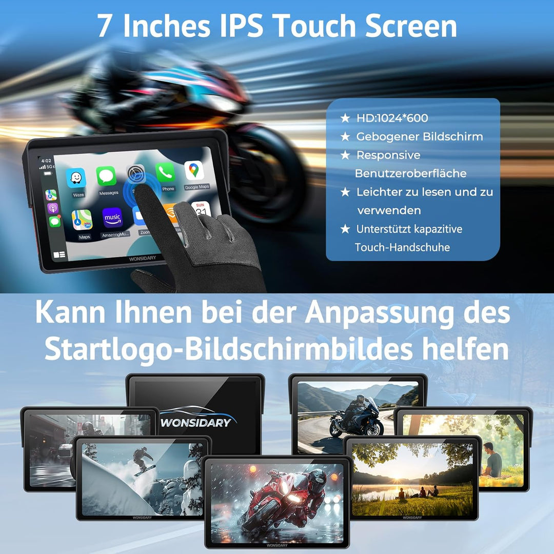 W722 Motorrad Carplay Display,Kabelloses CarPlay Motorrad & Android Auto für Moto,7 Zoll IP67 Wasser