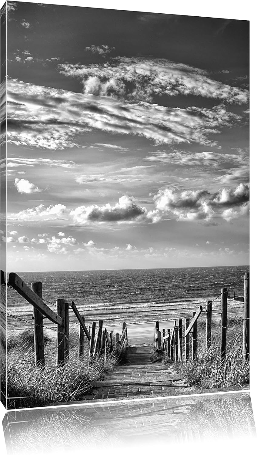 Pixxprint Weg zum Strand am Meer Kunst B&W, Format: 100x70 auf Leinwand, 100x70