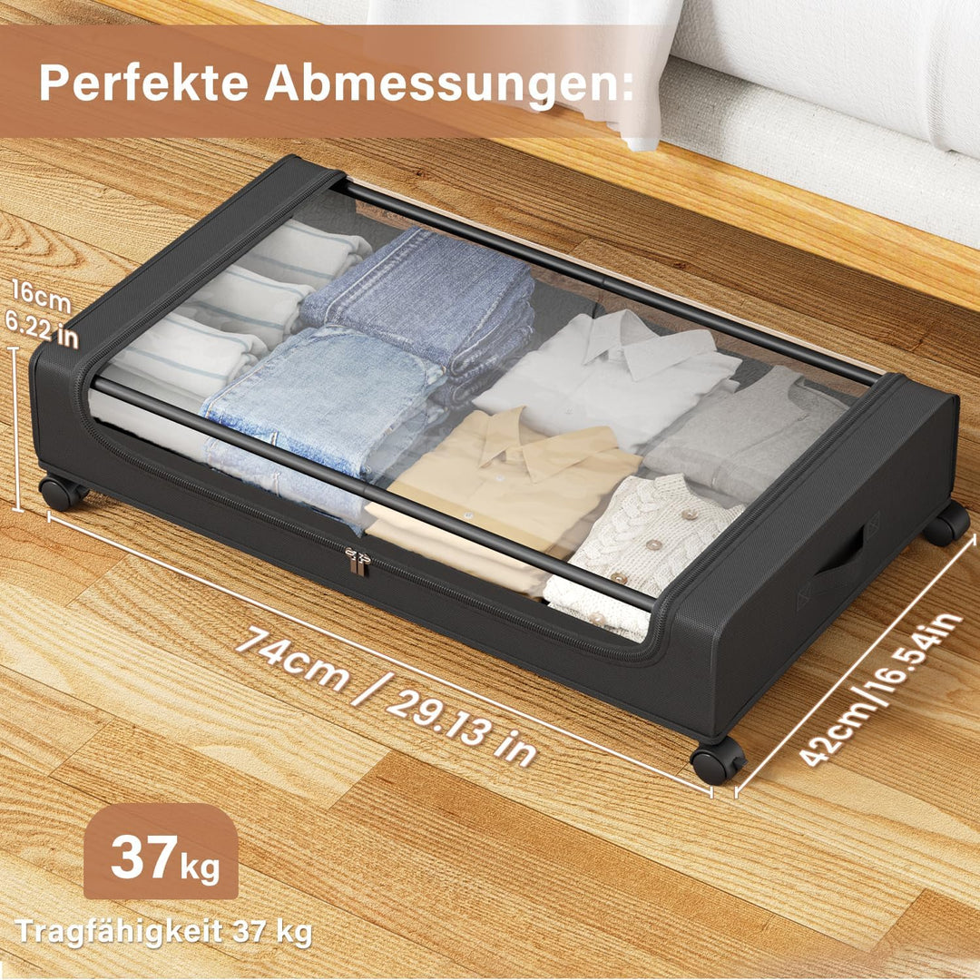PHINOX Unterbett-Aufbewahrungsbehälter mit mit Rollen,2 Stück (74x42x16cm) -Schwarz Aufbewahrungsbox