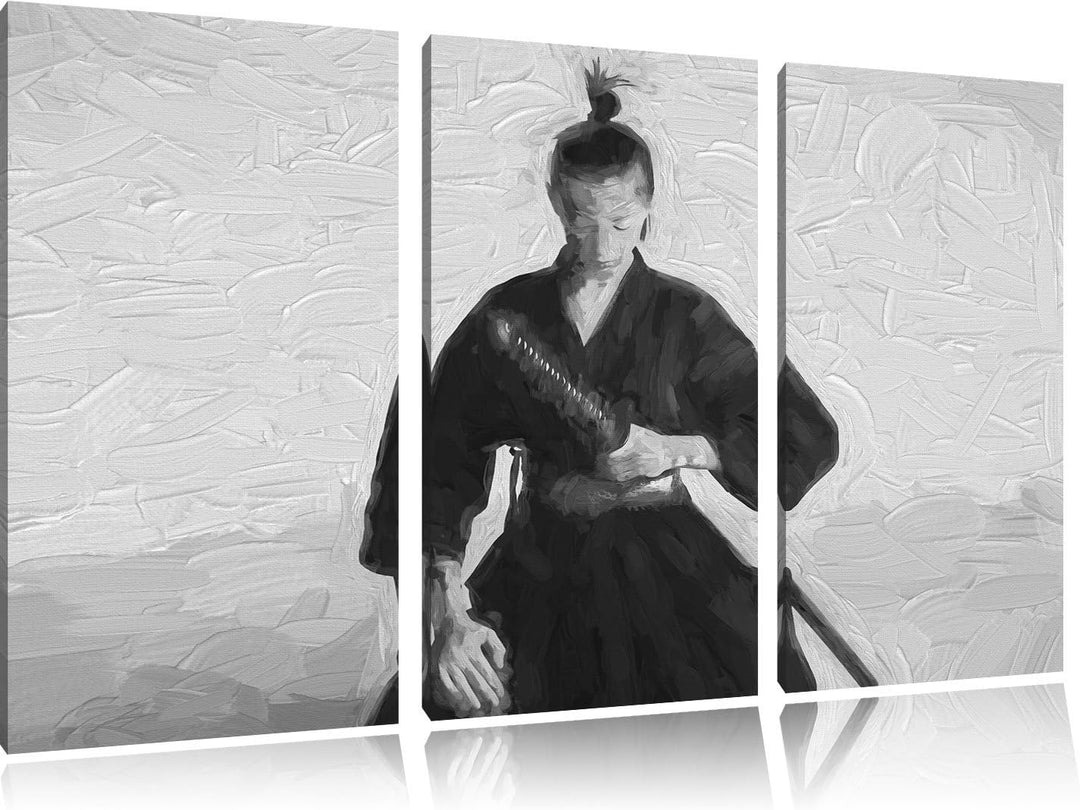 Pixxprint stolze Samurai-Kriegerin Kunst Pinsel Effekt 3-Teiler Leinwandbild 120x80 Bild auf Leinwan
