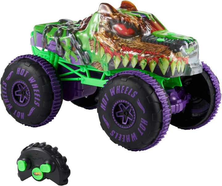 Hot Wheels Spielzeug Monster Trucks, Wreckin‘ Wolf im Massstab 1:15 mit Fernbedienung, ferngesteuert
