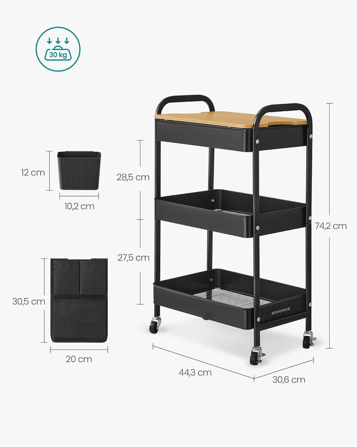 SONGMICS Rollwagen, Küchenwagen, 3 Metallgitterablagen, Servierwagen, 2 abnehmbare Hängebehälter, 2