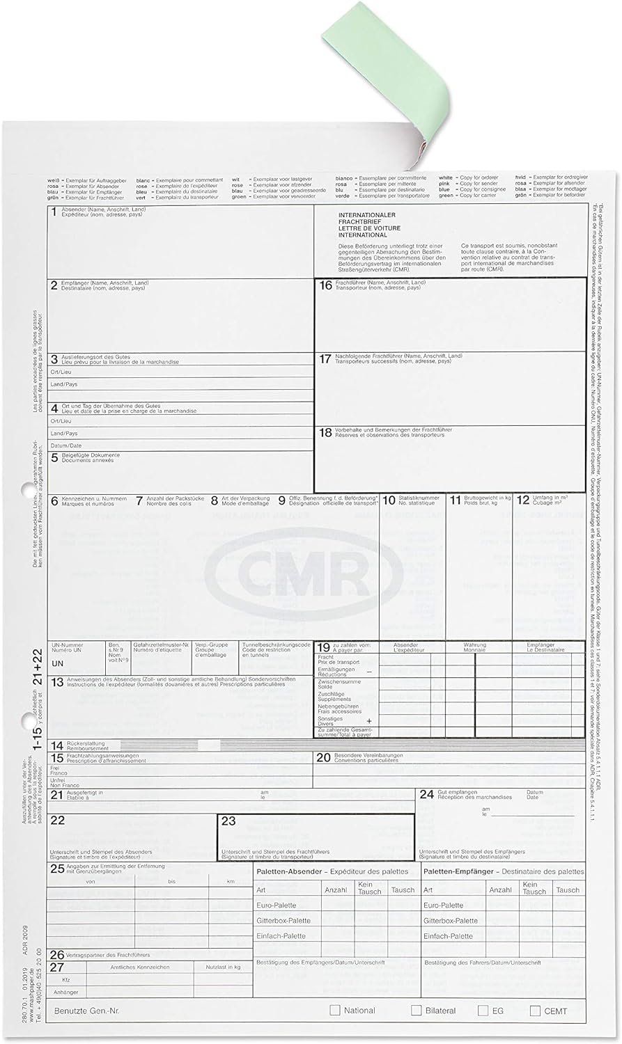 mashpaper CMR-Frachtbrief international selbstdurchschreibend 200 Stück Einzelsatz 280701, 200 Stück