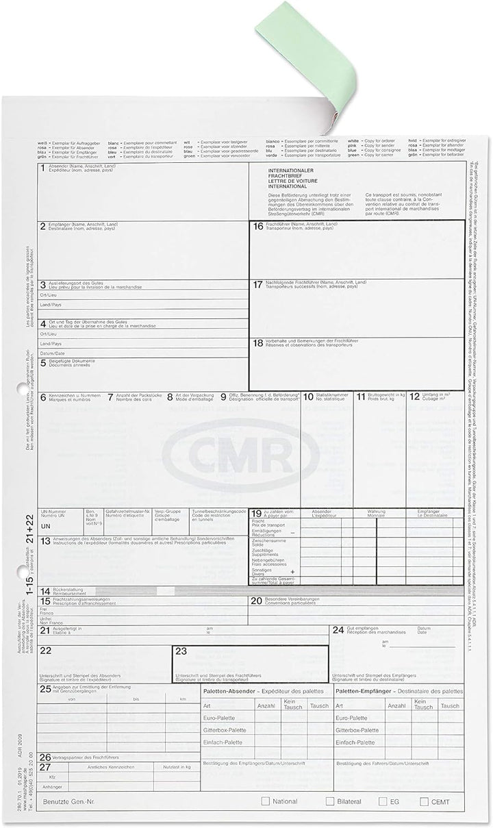 mashpaper CMR-Frachtbrief international selbstdurchschreibend 200 Stück Einzelsatz 280701, 200 Stück
