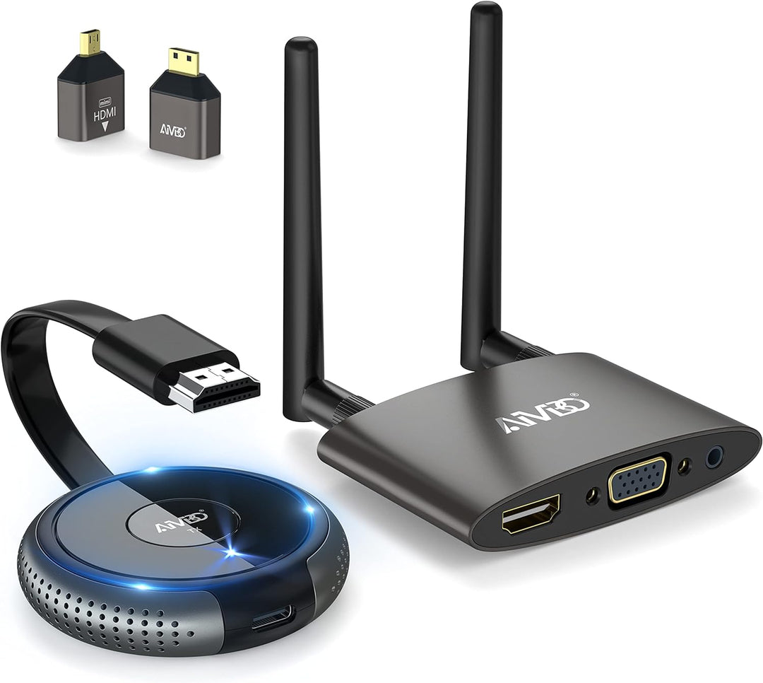 HDMI Wireless Transmitter and Receiver 4K/5G, TIMBOOTECH Kabelloser HDMI Sender Empfänger, VGA & HDM