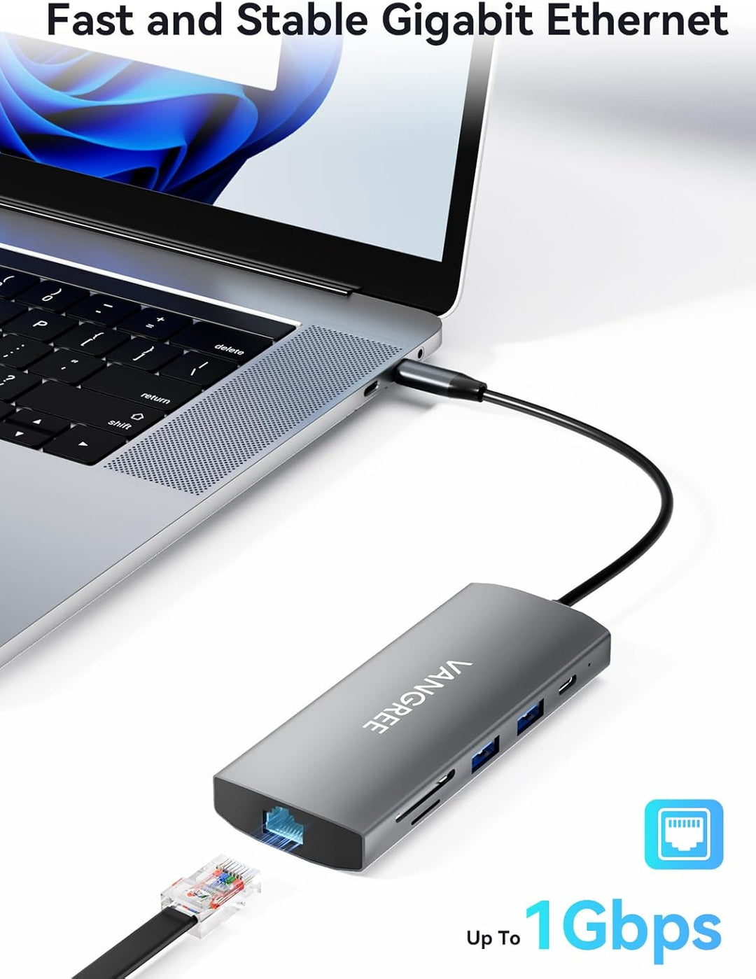 USB-C-Hub mit Dual 4K@60Hz DisplayPorts, 2× USB-A & 2× USB-C 3.2 (10Gbps), Gigabit-Ethernet, 100W PD