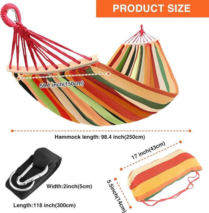 Hängematte 200 x 150cm, Camping Hangematte mit Schwebebalken, Extra grosse Segeltuch Hängematte Trag