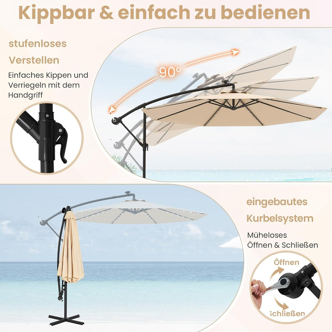 COSTWAY 300 cm Sonnenschirm mit Ständer und LED-Leuchten, Ampelschirm mit Kurbel, Gartenschirm, UV-S