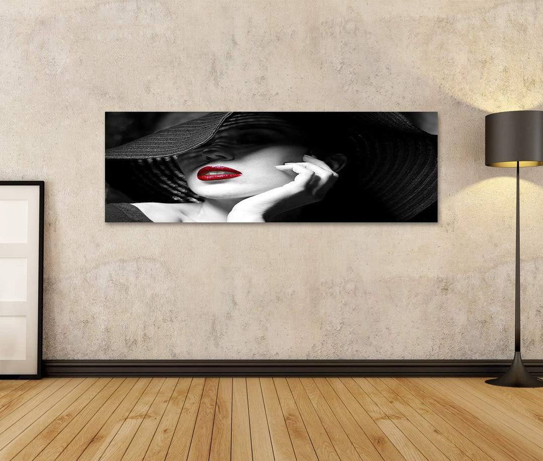 islandburner Bild auf Leinwand Mysteriöse Frau Mit Schwarzem Hut Und Roten Lippen Bilder Wandbilder