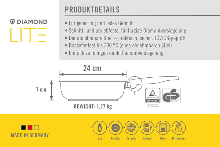 Woll Diamond Lite Hochrandpfanne, Ø 24 cm, 7 cm hoch, mit abnehmbarem Stiel - Geeignet für Ceran, Ga
