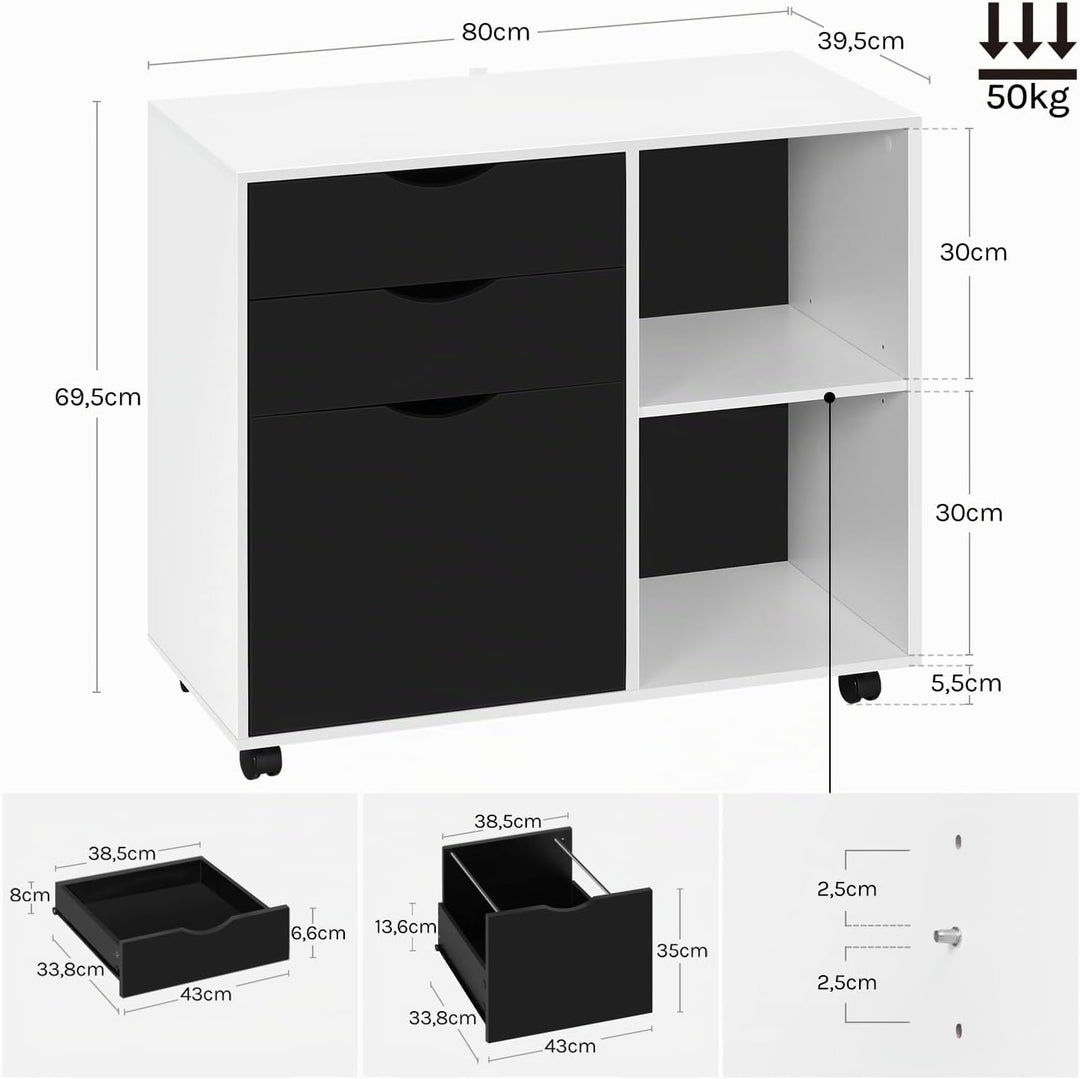 WOLTU Rollcontainer, mobiler Aktenschrank mit 5 Rollen, mit 3 Schubladen, mit verstellbarem Hängereg