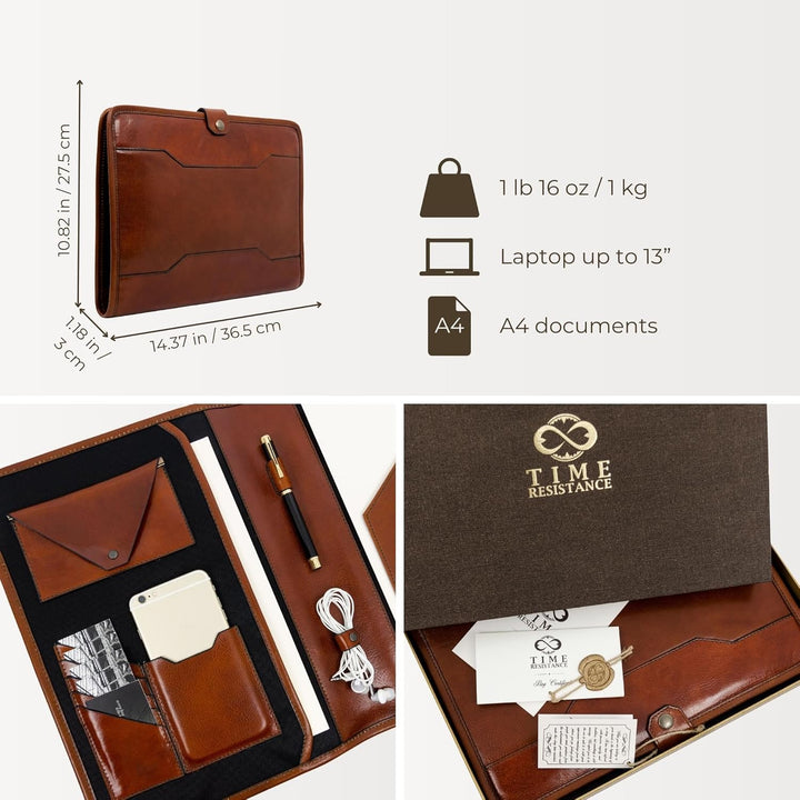 Time Resistance Leder-Organizer-Portfolio – 13 Zoll-Laptoptasche – Dokumentenmappe aus Vollnarbenled