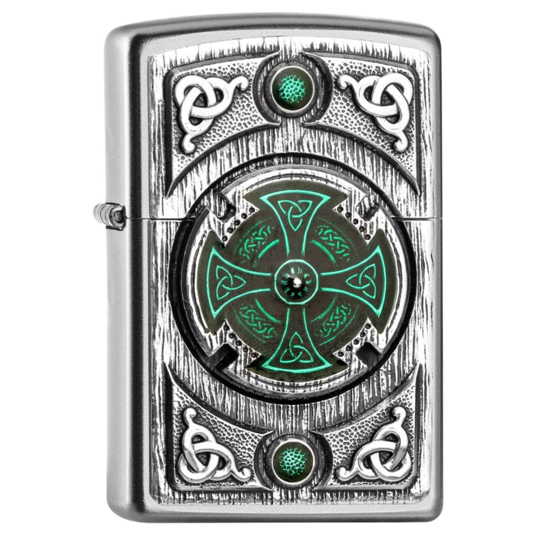 Zippo 16552 Feuerzeug, Chrom, Satin finish (CELTIC GREEN CROSS), 5.8 x 3.8 x 1.8 cm 5.8 x 3.8 x 1.8