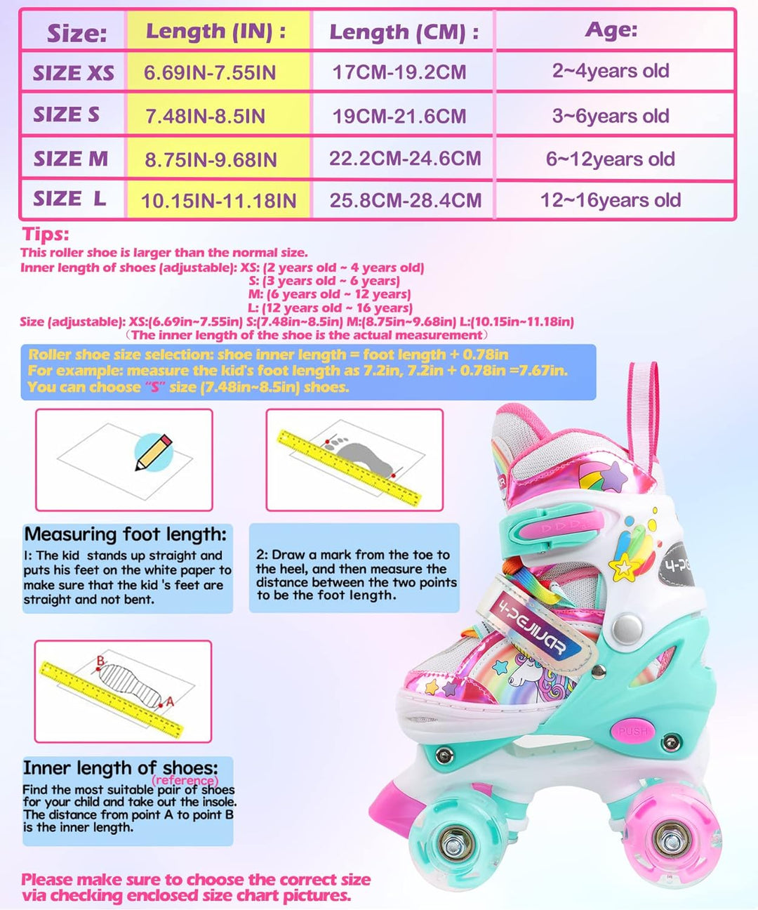 Kinder Einhorn Rollschuhe für Mädchen.Geeignet für 3-6 Jahre alt. Mit Leuchtenden Rädern,4-Pejiijar