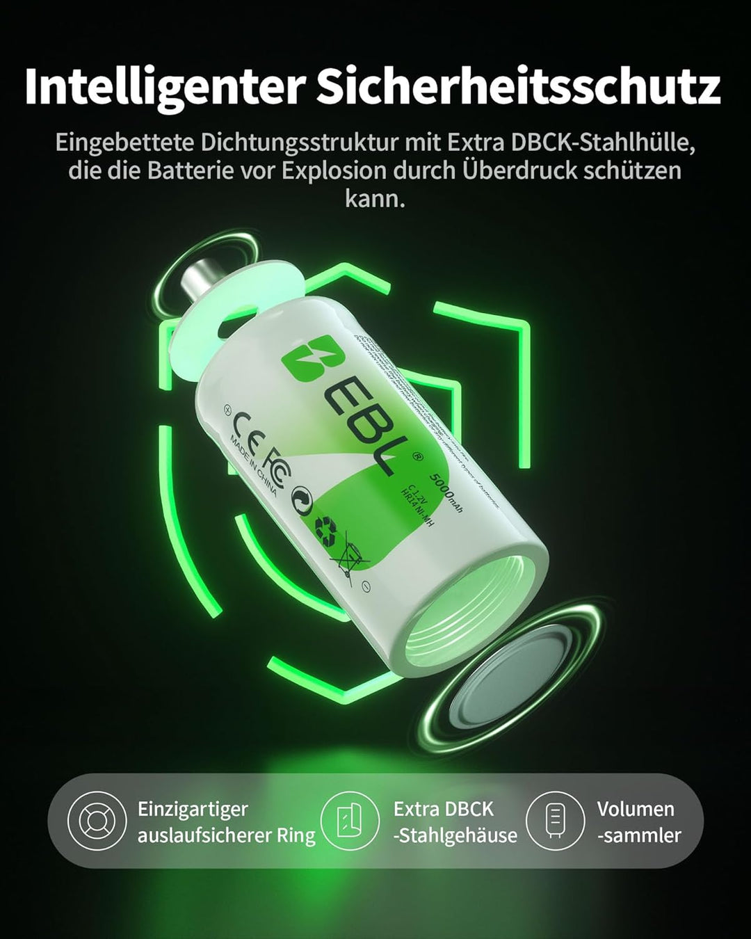 EBL Baby C Akku 5000mAh - NI-MH wiederaufladbare Batterie 4er Pack mit Aufbewahrungsbox, 1,2V Typ C