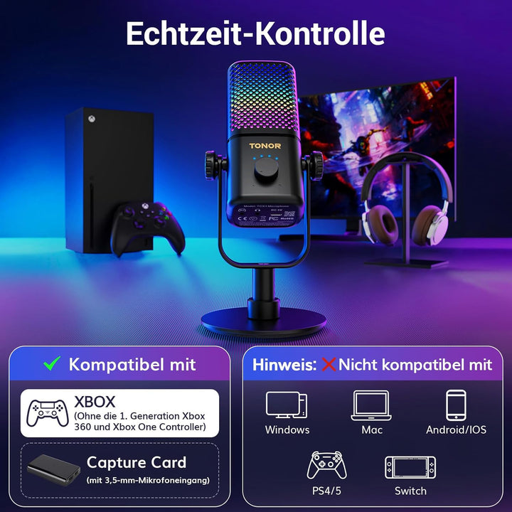 TONOR Gaming Mikrofon Kompatibel mit Xbox, Kondensator Mikrofon mit RGB, Mute/GAIN Kontrolle/Überwac
