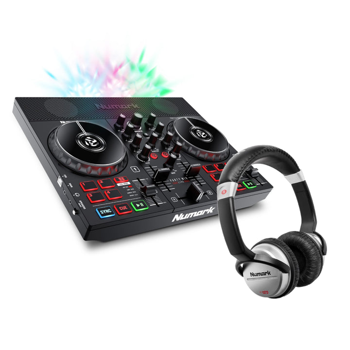 Numark Party Mix Live + HF 125 – DJ Controller Set mit eingebauten Lautsprechern, Lichtshow & Mixer