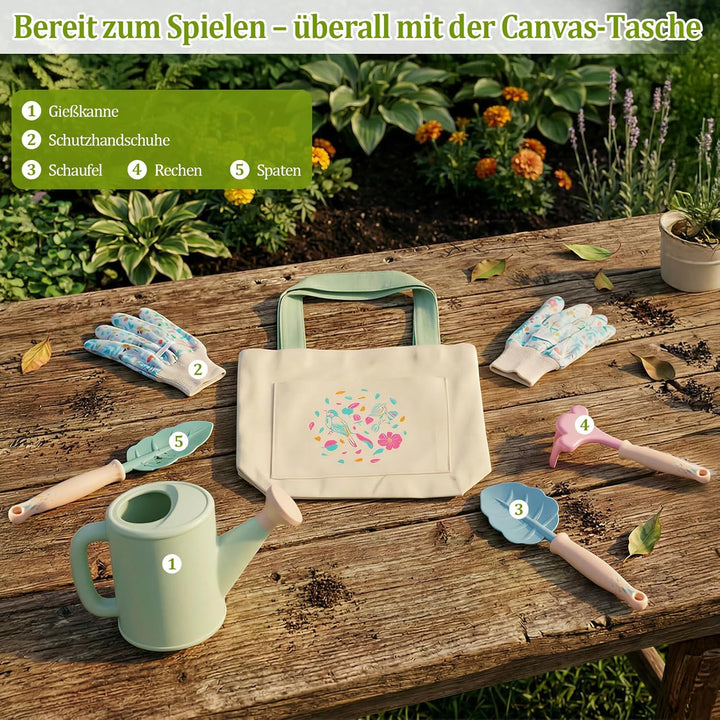 FITNATE Kinder Gartenarbeit Set,6 PCS Gartenwerkzeug Kinder Mit 3 Gartengeräte, Gartenhandschuhe & A
