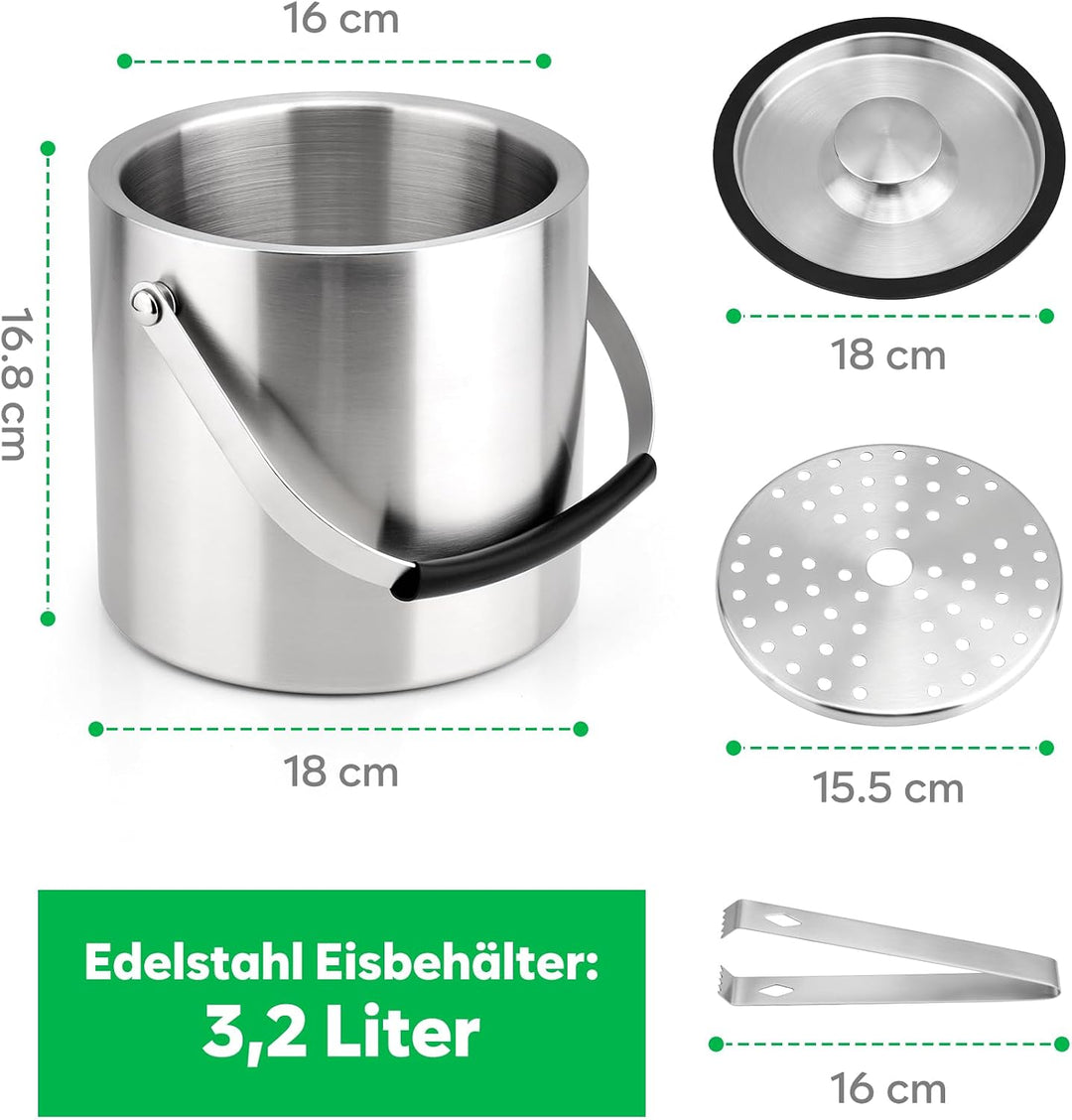 Fire More 3,2L Eiswürfelbehälter, Eiskübel Edelstahl mit Deckel, Clips und Sieb, Tragbar Eisbehälter