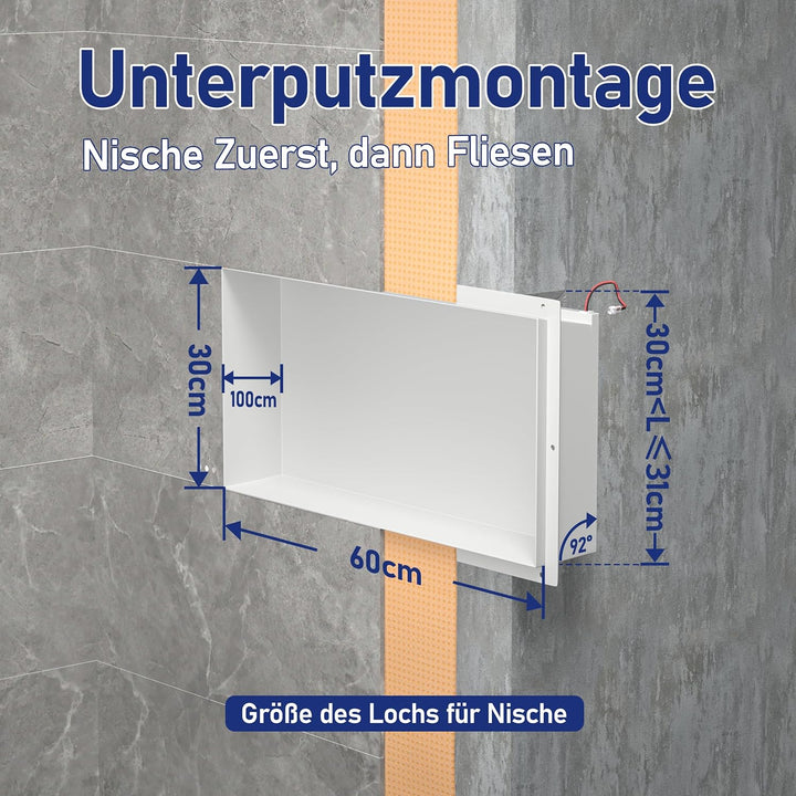 Wandnische Dusche Edelstahl, wasserdichte Nische mit LED-Licht, Eingebettete Duschnische 60x30x10cm,