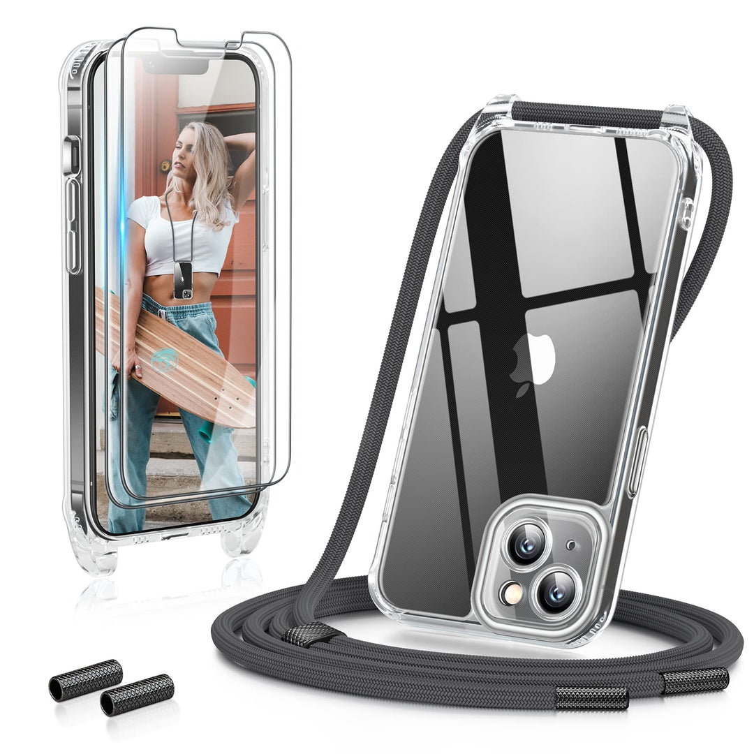 GOODVISH 3 in 1 Handykette für iPhone 13 6,1 Zoll mit 2 Stück Schutzfolie, Necklace Hülle mit Band [