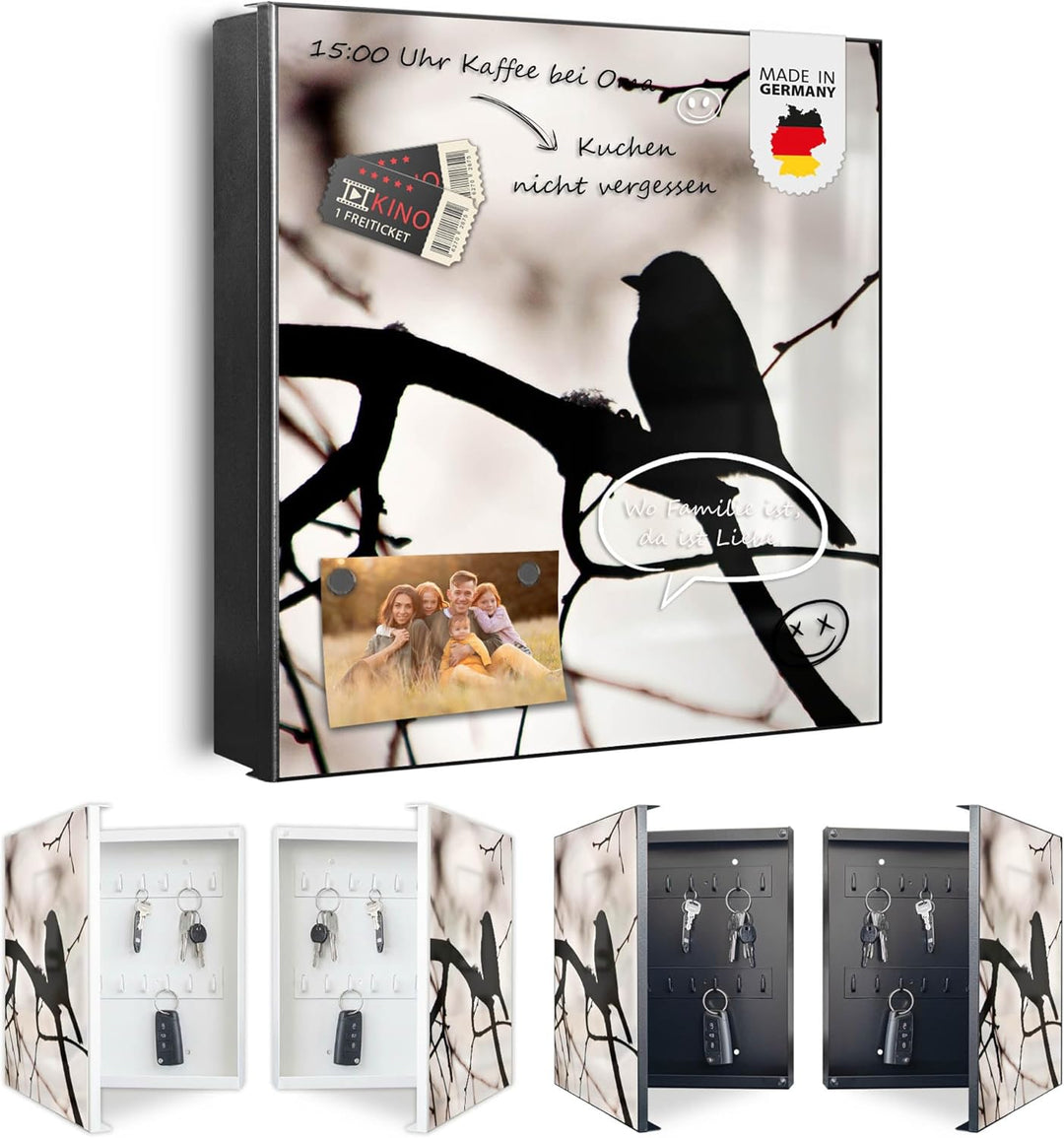 banjado® Grosser Schlüsselkasten Glas/Schlüsselbox 30cm x 30cm mit 50 Haken - Motiv Früher Vogel/Sch