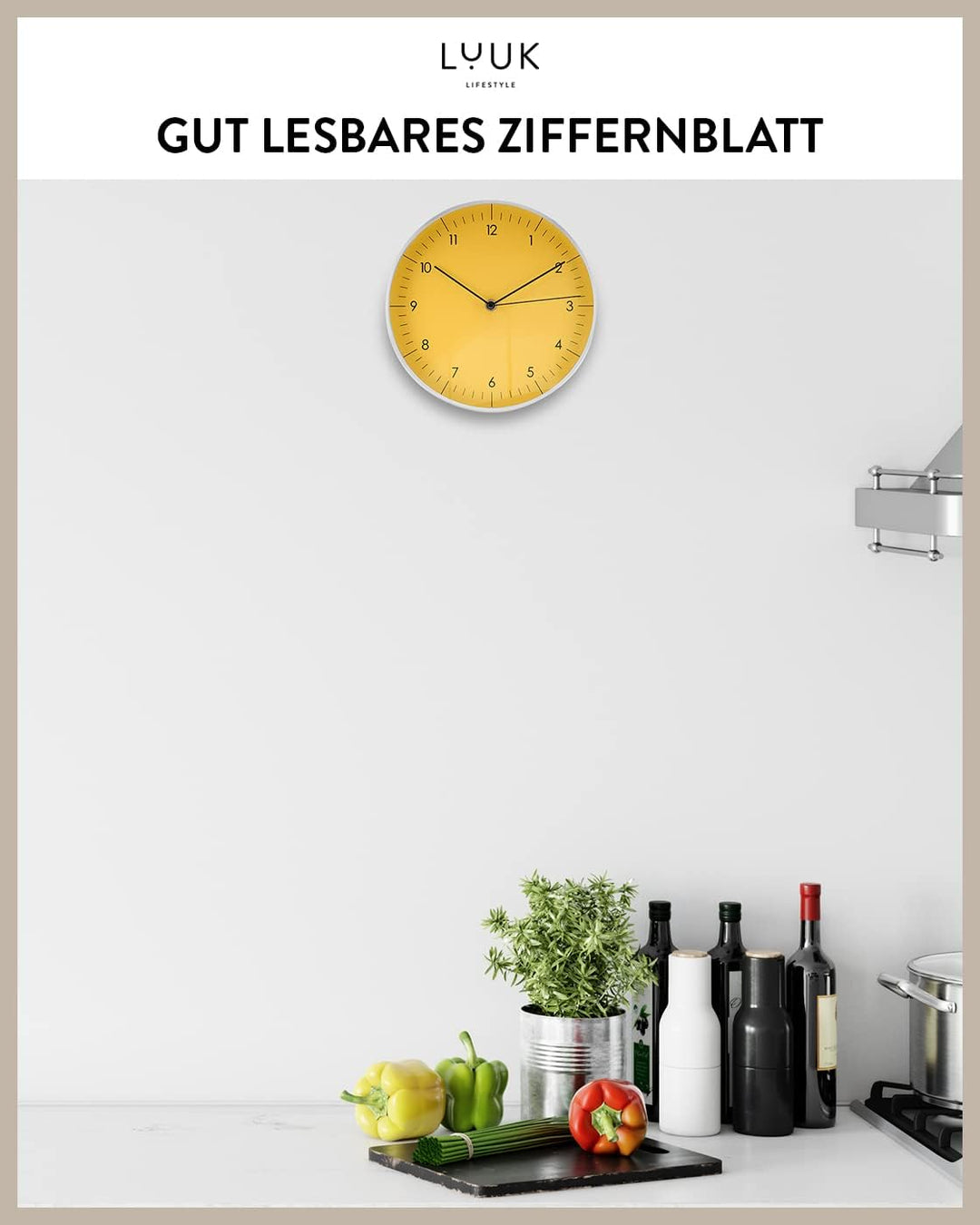 LUUK LIFESTYLE Moderne Quarz Wanduhr, Geräuschlos, 24,8cm, Gelb &amp; Silber | lesbare arabische Ziffern