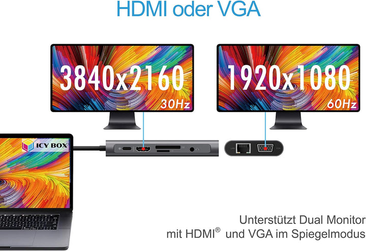ICY BOX USB-C Docking Station (10-in-1) für 2 Monitore (1x HDMI & 1x VGA), 4K 60Hz, 3-fach USB 3.0 H