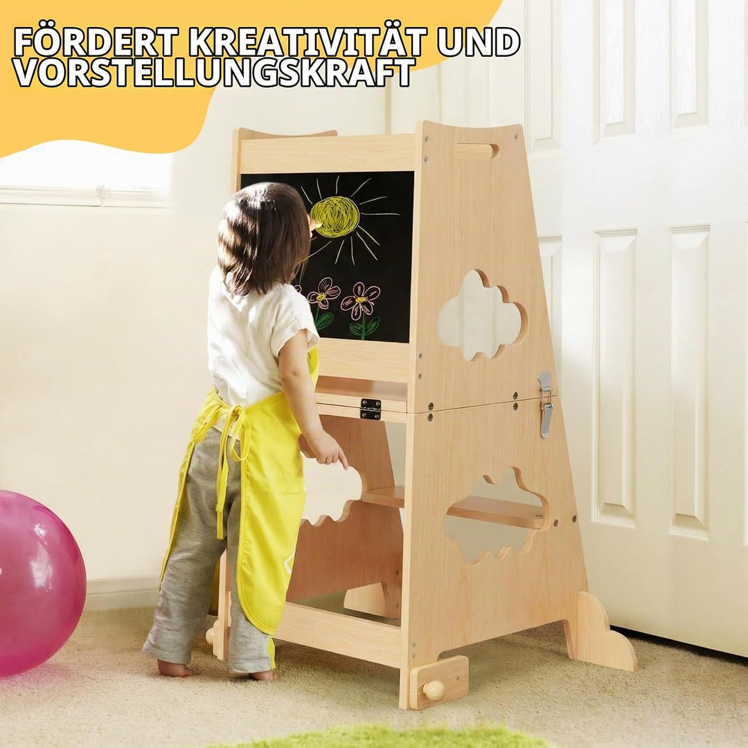 KIDINIX Lernturm ab 1 Jahr, 3 in 1 Montessori Learning Tower mit Sicherheitsgeländer und Tafel, Klap