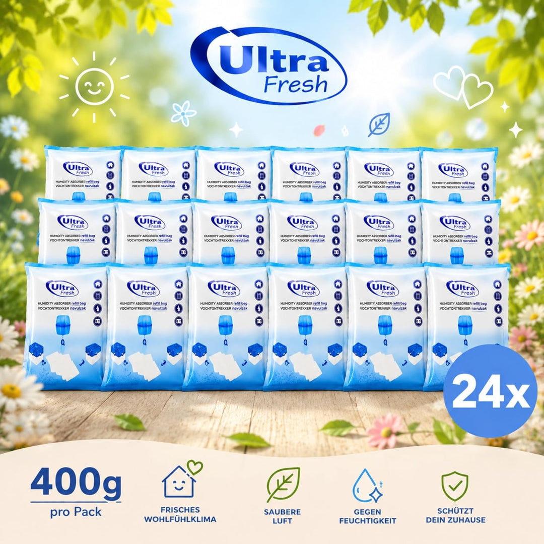 Ultra Fresh 24x Luftentfeuchter Granulat 400g XXL Nachfüllpack Schimmel- und Geruchsschutz mit Grati