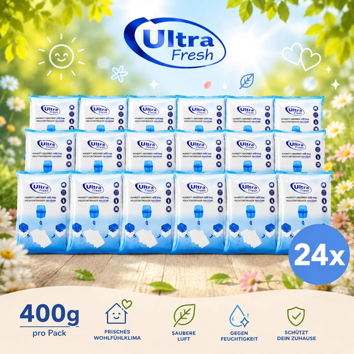 Ultra Fresh 24x Luftentfeuchter Granulat 400g XXL Nachfüllpack Schimmel- und Geruchsschutz mit Grati