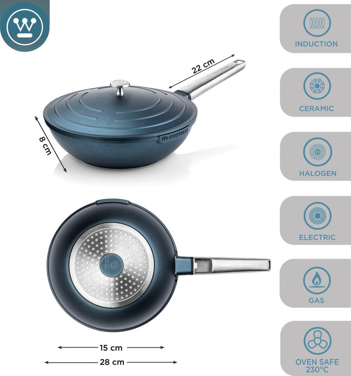 Westinghouse PERFORMANCE SERIES Wok Pfanne mit Deckel, Beschichtete Pfanne 28 cm mit Edelstahl-Griff