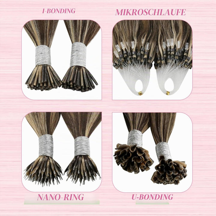 YoungSee Bonding Extensions Echthaar Braun 35cm Extensions Echthaar Bondings Dunkelbraun mit Blond K