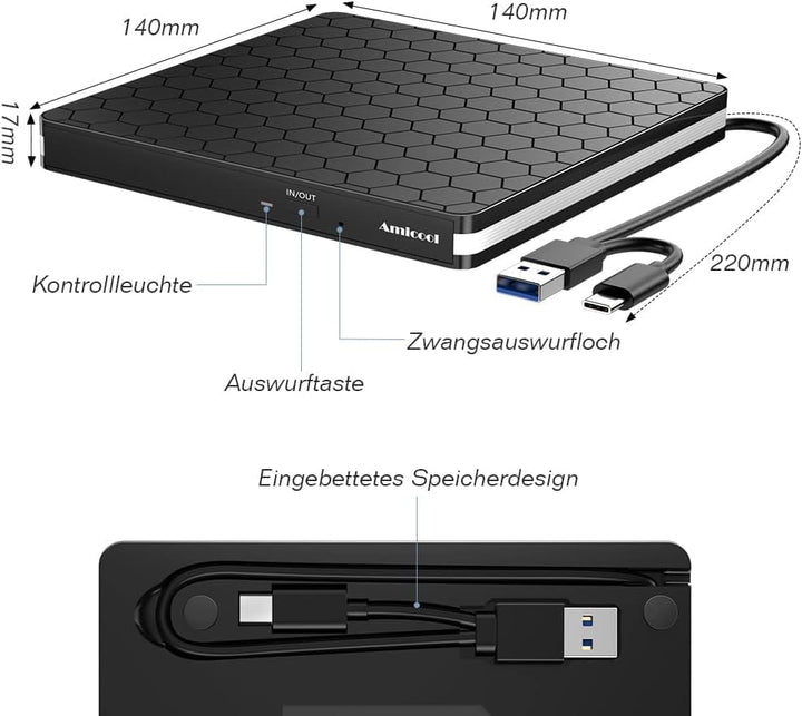 External DVD Drive, Amicool USB 3.0 Type-C CD DVD +/-RW Optical Drive USB C Burner Slim CD/DVD ROM R