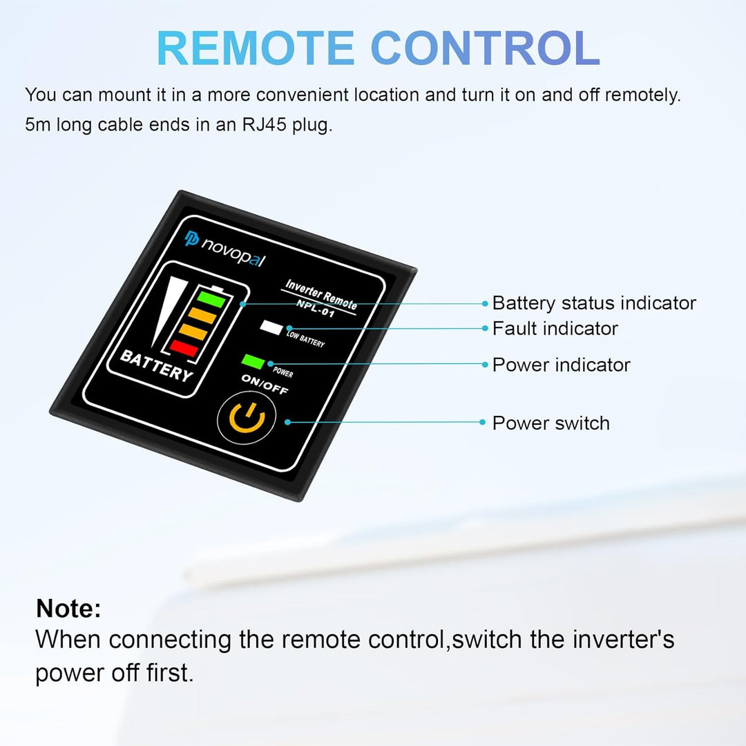 NOVOPAL 3000W Wechselrichter 12v Auf 230v Reiner Sinus Spannungswandler mit 2 EU-Steckdose und Einer