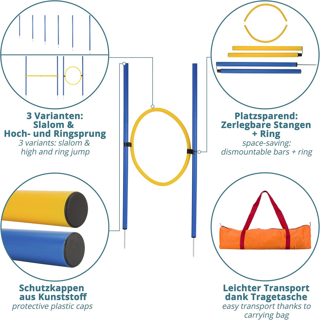 valuents Slalom Stangen mit 2 Hürde + 1 Ring - blau/gelb - Slalomstangen/Hindernis/Sprungring – Agil