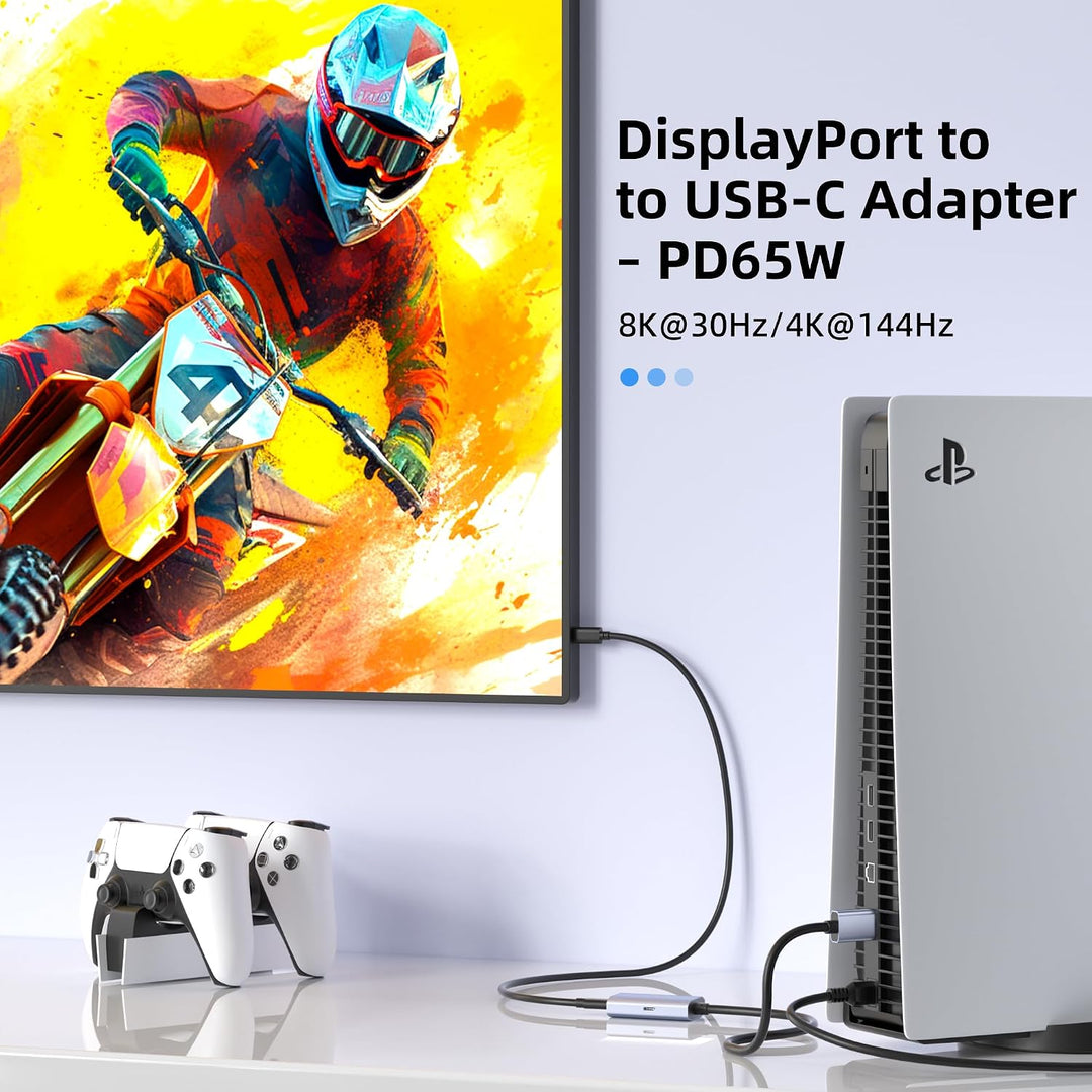 8K@30Hz / 4K@144Hz DisplayPort-auf-USB-C-Adapter mit PD 65W-Ladefunktion, Graphit-Kabel, DisplayPort