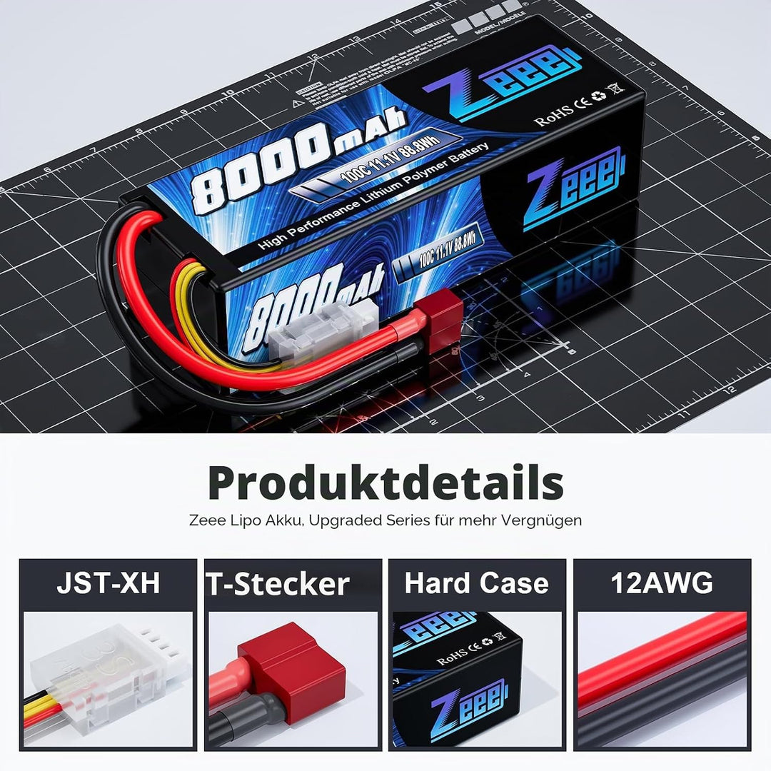 Zeee 3S Lipo Akku 11,1V 8000mAh 100C Hardcase Batterie mit Deans T Stecker für RC Evader BX Auto Car