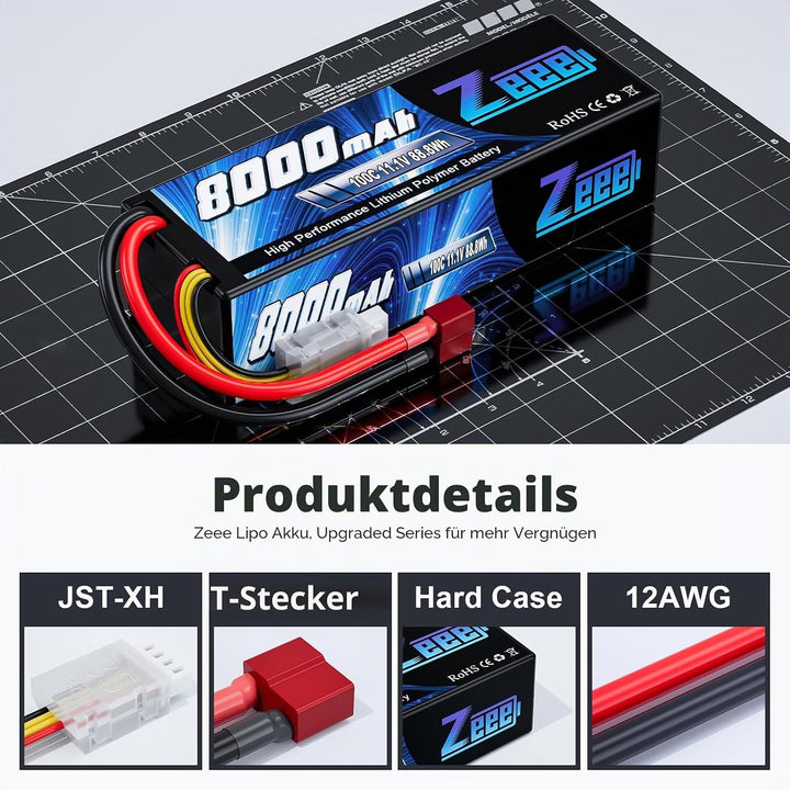 Zeee 3S Lipo Akku 11,1V 8000mAh 100C Hardcase Batterie mit Deans T Stecker für RC Evader BX Auto Car