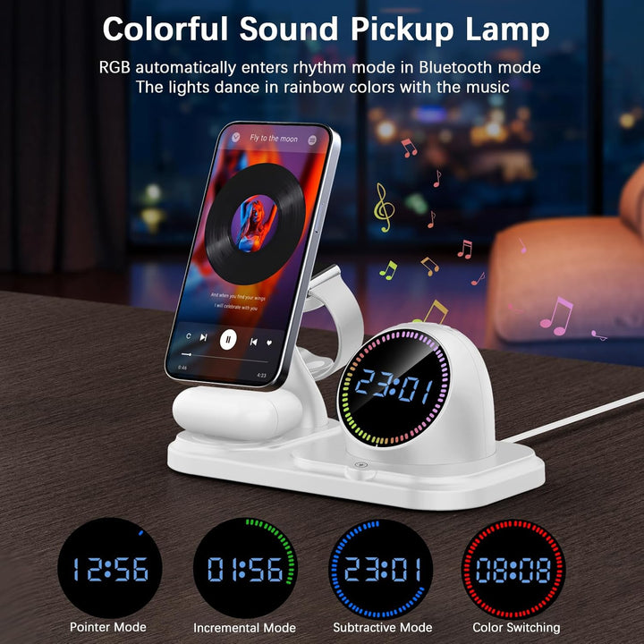 Ladestation Apple Watch und iPhone,6 in 1 Wireless Charger mit Bluetooth, Uhr, RGB LED, induktive la