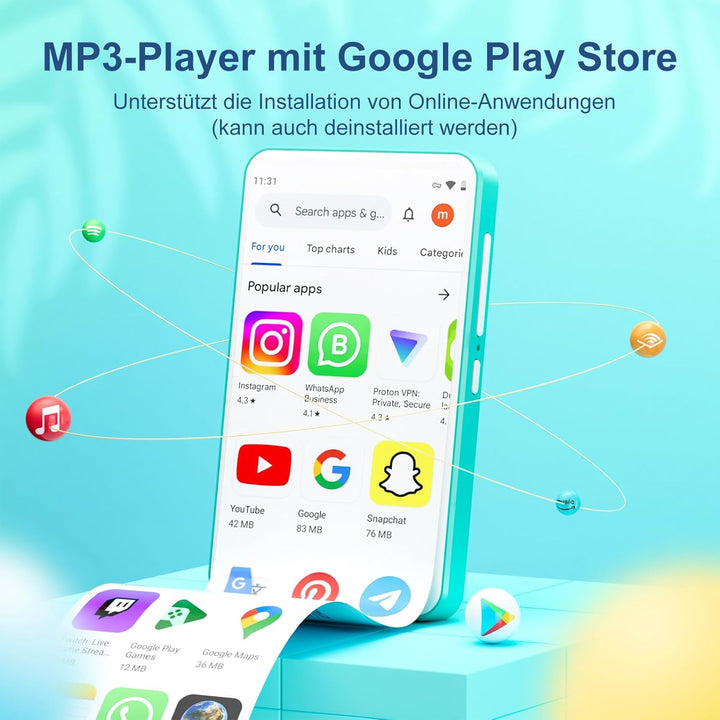 80GB MP3 Player mit Bluetooth und WiFi, Oilsky 4 Zoll 1080P Touchscreen Player, MP3 MP4 Musikplayer,