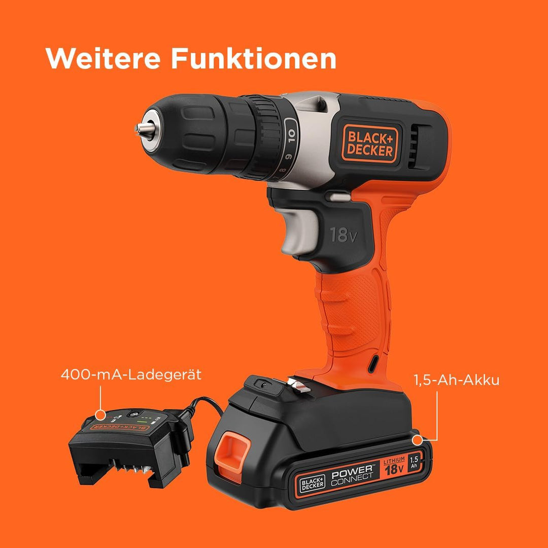 Black+Decker Akku-Bohrschrauber (18V/1.5 Ah, 10mm Schnellspannbohrfutter, 10-stufige Drehmomentvorwa