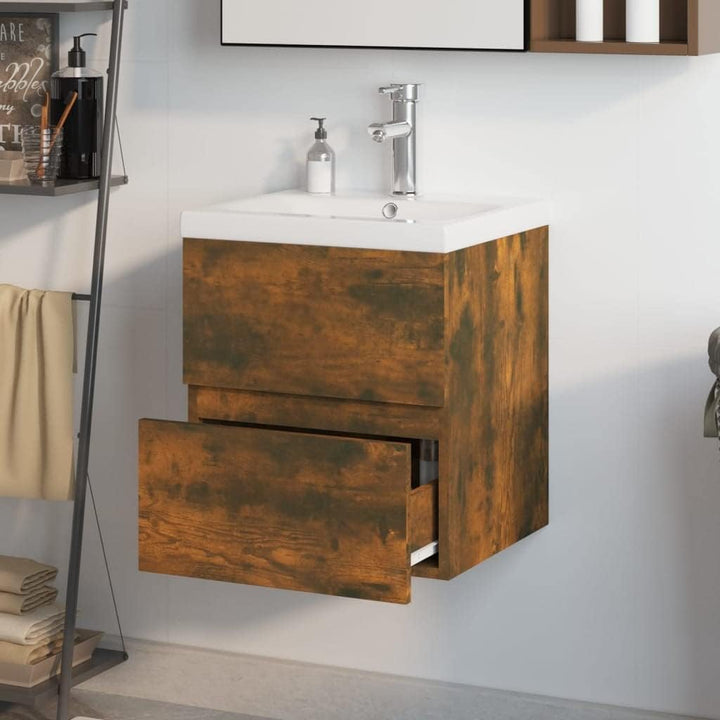WIFESE Waschbeckenschrank mit Einbaubecken & Wasserhahn 42x39x18,5 cm mit Wasserhahn Räuchereiche Ho