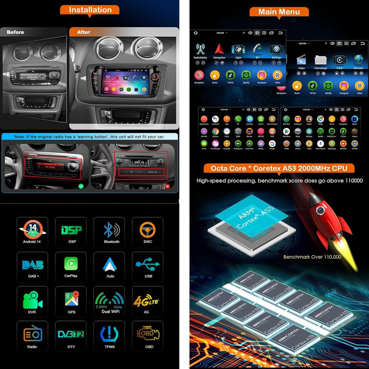 Erisin Android 14 8-Kern 4GB+64GB Autoradio GPS Navi für SEAT Ibiza 2009-2013 7 Zoll IPS Touchscreen